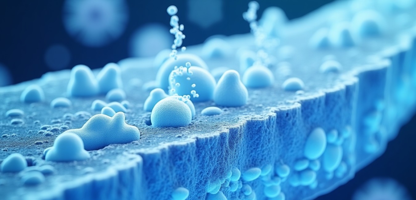 Przekrój modelu plasterka tkankowego ukazujący region graniczny guza z widocznymi komórkami immunologicznymi w nowoczesnej wizualizacji.